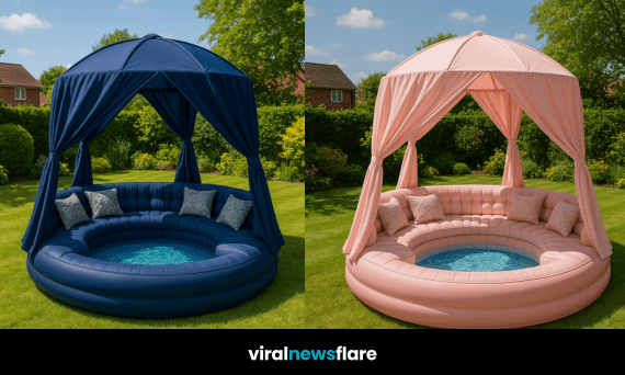 Collection of inflatable canopy pool sofas in pink, navy, beige, and purple arranged in a green garden.