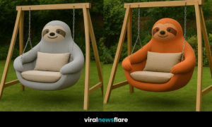 A collection of colourful sloth-inspired garden swing chairs with wooden frames in a green garden setting