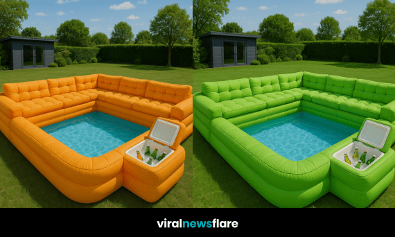 A collection of colourful inflatable sofa pools with built-in drinks coolers and central paddling pools.