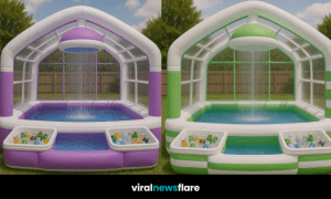 Inflatable shower paddling pool with built-in cooler and drinks storage, perfect for summer garden fun.