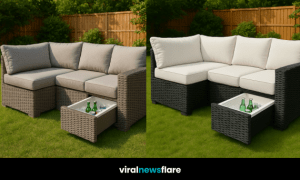 Stylish outdoor rattan sofa with built-in cooler drawer filled with drinks in a sunny garden.