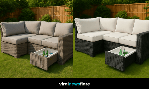 Stylish outdoor rattan sofa with built-in cooler drawer filled with drinks in a sunny garden.