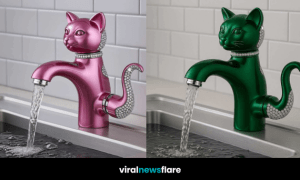 Selection of colourful cat-shaped kitchen taps with sparkling crystal accents.