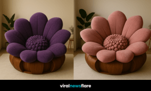 A collection of oversized flower-shaped armchairs in teal, purple, pink, and cream displayed in a modern living room.
