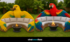Colourful parrot-shaped garden sofa with fire pit on a green lawn.