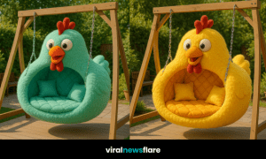 Collection of colourful chicken-shaped hanging chairs on wooden swing frames in garden