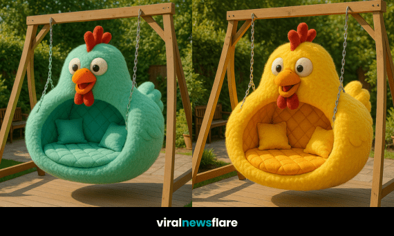 Collection of colourful chicken-shaped hanging chairs on wooden swing frames in garden