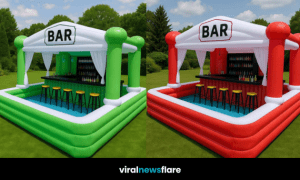 Inflatable outdoor bar with countertop and yellow stools set in a green garden.