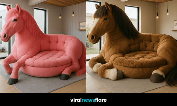 Collection of oversized horse-shaped sofas in coral pink, chestnut brown, black, and palomino, each styled in a modern home.