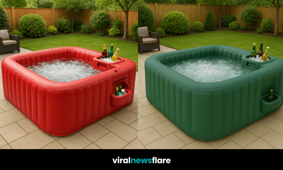 A collection of colourful inflatable hot tubs with integrated drink coolers in a stylish garden setting