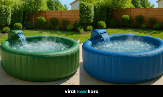 Collection of inflatable hot tubs in red, green, blue, and grey, each with a relaxing waterfall, placed in garden settings