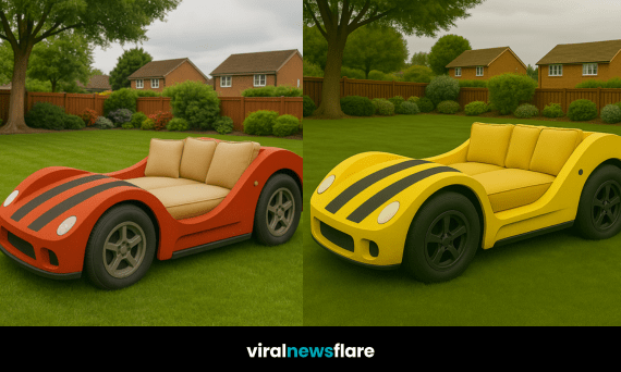 Line-up of colourful car-shaped novelty garden sofas in various shades on a grassy suburban lawn