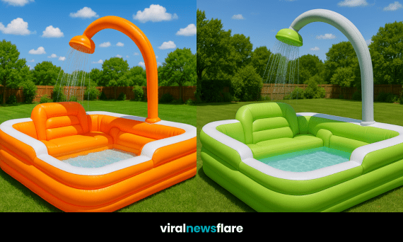 Selection of colourful inflatable pools with built-in seats and showers set up in a back garden