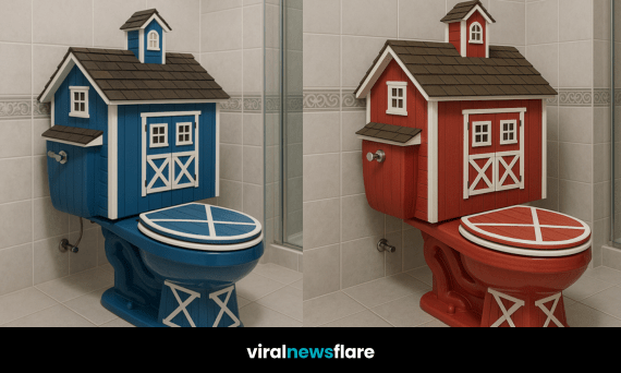 Colourful novelty barn-shaped toilets in red, green, yellow, and blue, styled in a tiled modern bathroom