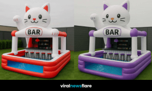 Inflatable cat-shaped outdoor bar with stools and paddling pool in a garden