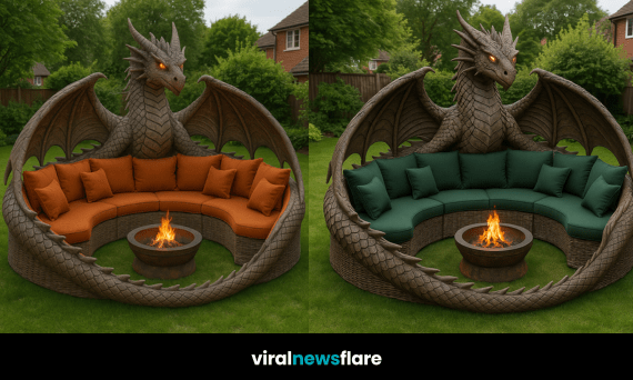 Majestic dragon-shaped curved garden sofa with glowing fire pit and luxurious cushions in a suburban garden.