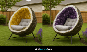 A luxurious garden chair designed like an amethyst geode, placed in a lush backyard.
