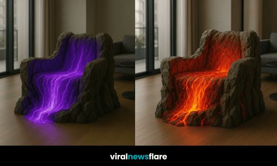 Collection of fantasy rock chairs with glowing elemental flows including lightning, lava, magma and water