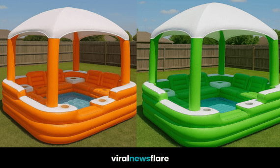 Selection of inflatable gazebo pool lounges in orange, green, blue, and purple in a garden setting.