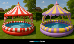 Collection of inflatable paddling pools with striped circus-style domes in various colours on grass