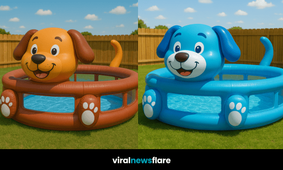 Colourful inflatable paddling pool shaped like a dog set up in a green garden