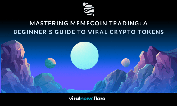 Futuristic digital landscape with planets and mountains used as header for 'Mastering Memecoin Trading: A Beginner’s Guide to Viral Crypto Tokens' blog on Viral News Flare