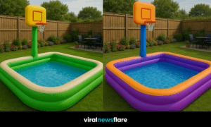 Selection of colourful inflatable pools with hoops in sunny garden