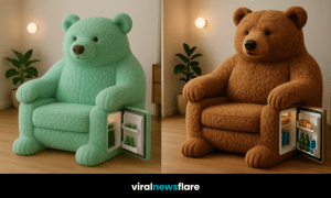 Line-up of oversized bear-shaped armchairs in various colours featuring side mini fridges