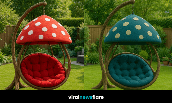 oversized mushroom-shaped hanging garden chairs in teal, yellow, purple, and red displayed on green lawn