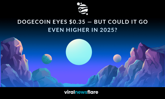 Futuristic digital landscape with planets and mountains, representing Dogecoin’s potential rise beyond $0.35 in 2025