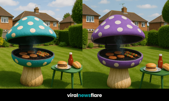 A vibrant set of mushroom-shaped BBQs in different colours displayed in a residential garden setting.