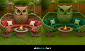 A collection of whimsical oversized owl-shaped garden sofas in different colours with fire pits