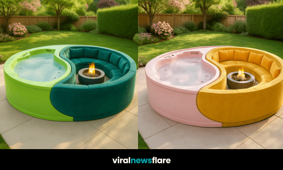 Stylish garden centrepiece combining a hot tub and fire pit sofa in Yin-Yang design with lush green surroundings.