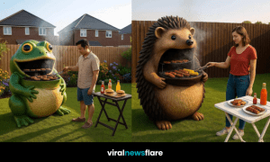 Collection of animal-shaped barbecues including owl, frog, hedgehog, and fox designs in garden settings.