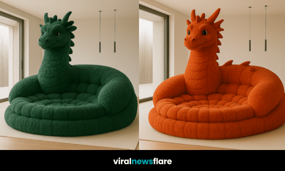 Collection of colourful oversized dragon-shaped sofas in modern interiors