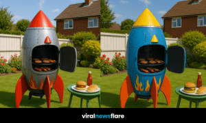 A group of colourful novelty rocket-shaped BBQ grills in a vibrant British garden on a sunny day.