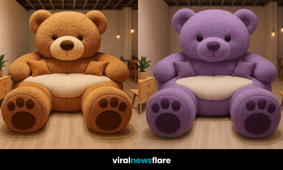 oversized teddy bear-shaped sofas in purple, brown, pink, and blue lined up in modern interiors.