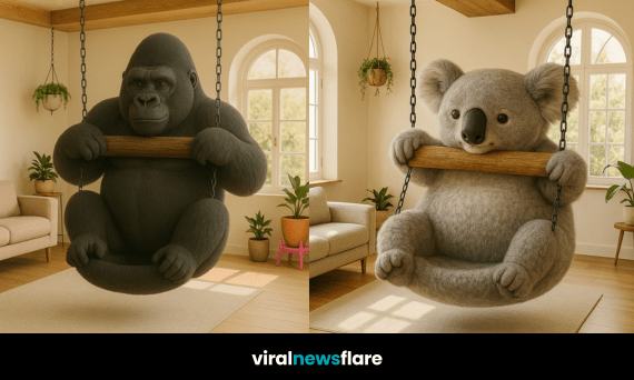 Oversized animal-shaped swing chair hanging in a stylish living room with plants and natural light.