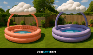 Selection of pastel-coloured inflatable paddling pools with cloud rain sprayers in a sunny garden