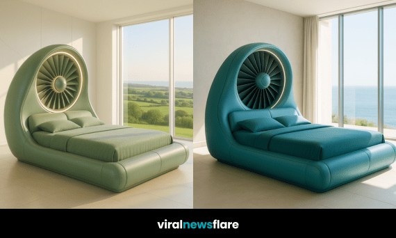 Futuristic bed with distinctive circular fan headboard and soft LED glow in a panoramic bedroom