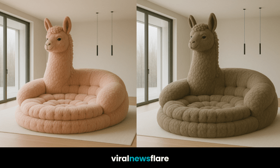 Llama-shaped novelty armchair in plush fabric, offering whimsical comfort in a stylish and serene modern living space.