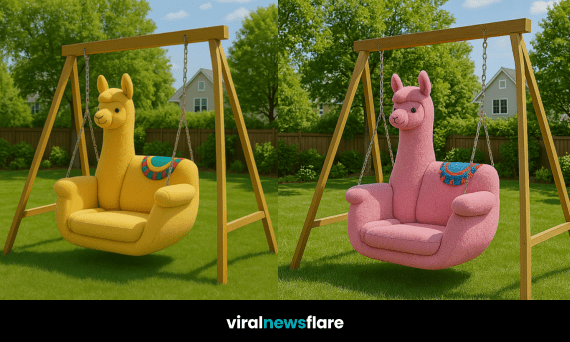 Collection of brightly coloured llama-shaped plush swing chairs hanging in a garden from wooden frames