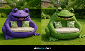 Collection of colourful frog-shaped outdoor sofas in purple, orange, red, and green on a lush garden lawn.