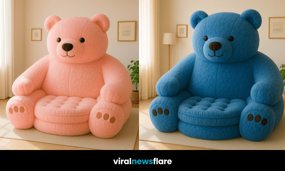 giant teddy bear armchairs in brown, cream, blue, and pink, styled in a light-filled modern home.