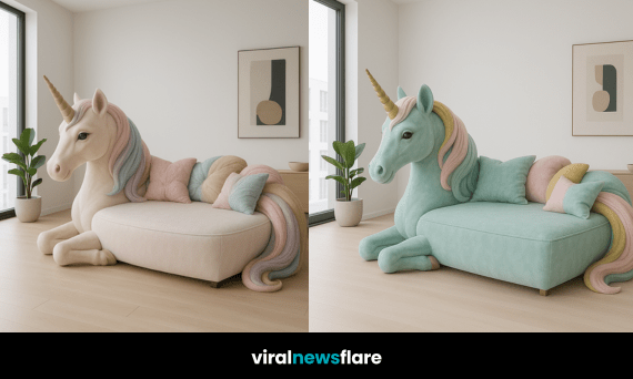 A selection of unicorn-shaped plush sofas in amber, navy, blush and mint colours displayed in stylish interiors.