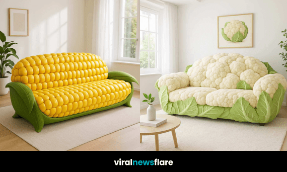 Colourful cauliflower, corn, and bell pepper novelty sofas displayed in bright, minimalist rooms.
