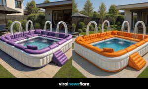 Collection of colourful inflatable sofa paddling pools with water sprayers, designed for outdoor summer fun.