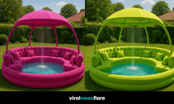 Assorted colourful circular inflatable sofa pools with sprayers in a lush garden