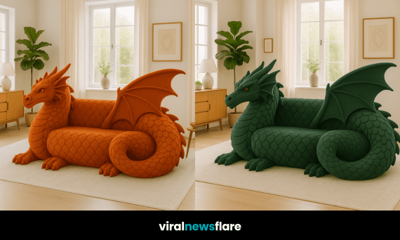 Collection of oversized dragon-shaped sofas in various colours including red, brown, green, and sage in stylish interiors