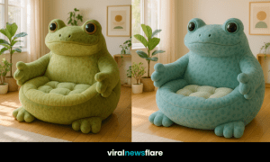 oversized frog-shaped armchair in a bright living room with plants and wood flooring.